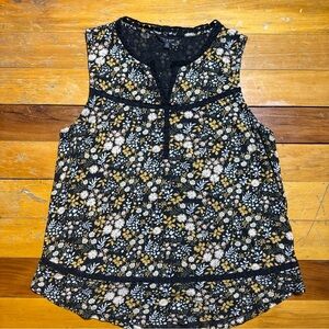 Lucky Brand Floral Print Sleeveless Knit Top Womens Size L Boho Crochet Navy